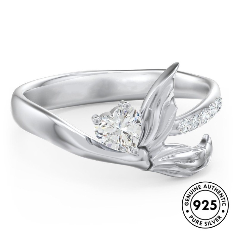 Cincin Berlian S925 Silver Bentuk Hati Ekor Mermaid