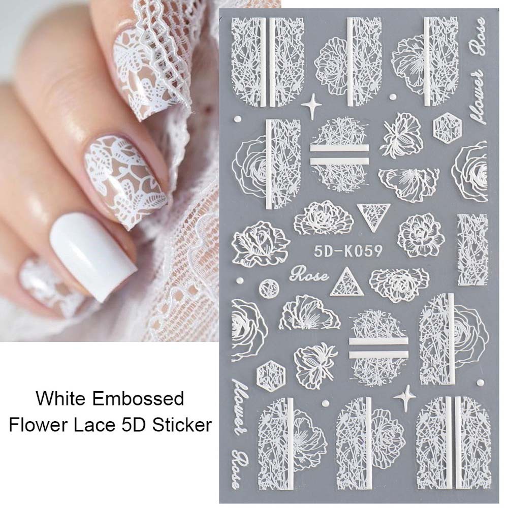 MXBEAUTY Black And White 5D Engraved Nail Sticker White Embossed Flower DIY Nail Art Design Nail Art Decoration Hollow Three-dimensional Lace Flower Design Sliders Decals Manicure Accessories