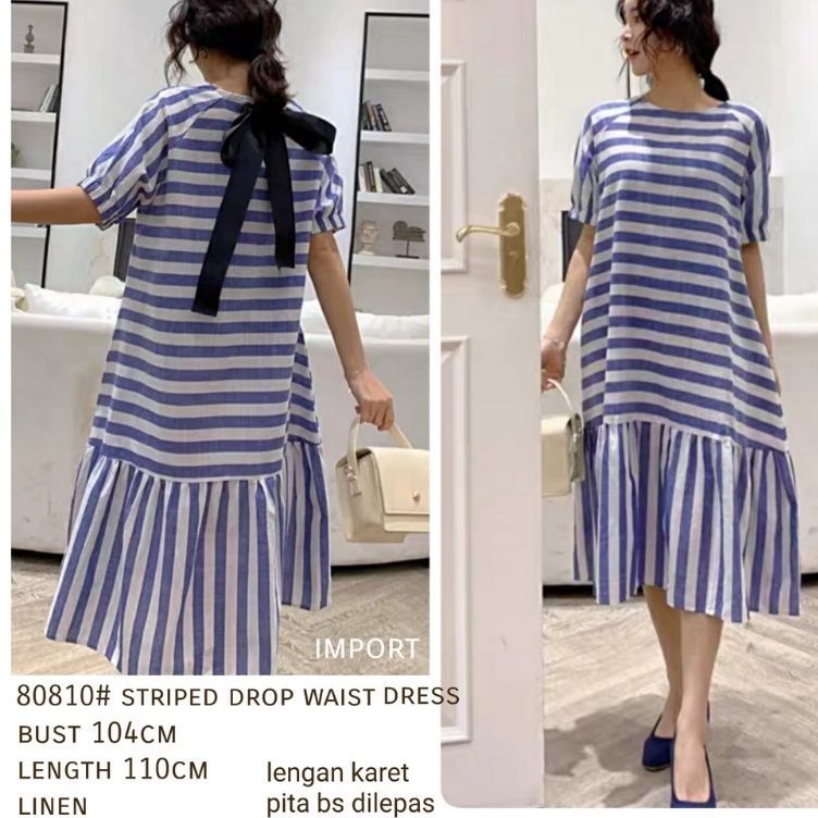 80810 Baju Dress Maxi lengan pendek motif salur garis belakang ada pita bawah model rempel lengan ka
