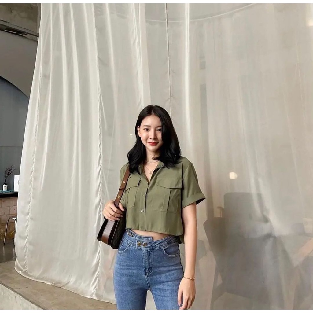 Jeje crop 01 -  kemeja top crope -  baju atasan crop wanita -  crop korea style - crop linen oversize - baju crop remaja