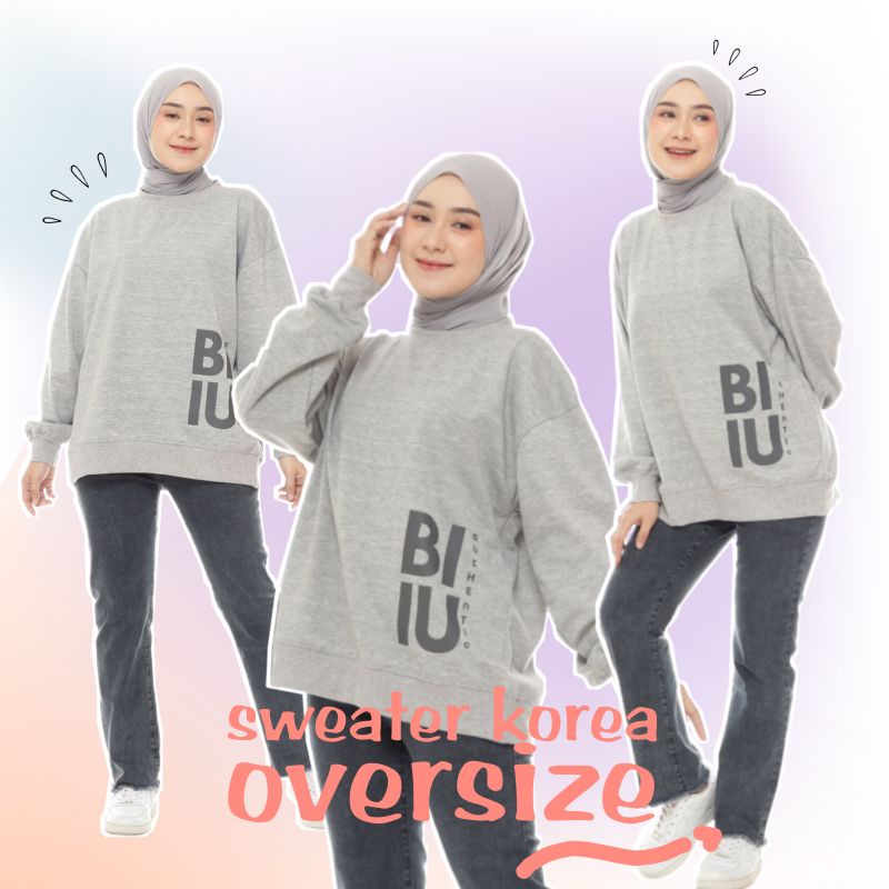 Biiu Sweater Wanita Oversize Crewneck Korean Grey Misty