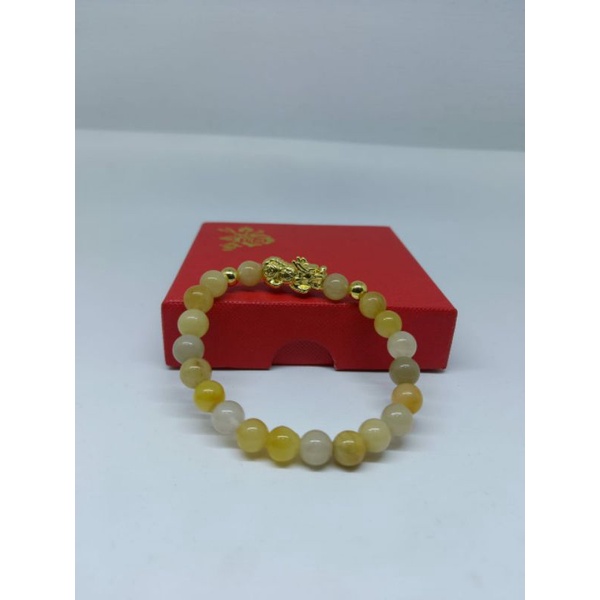 Gelang Batu Giok Asli Natural Kombinasi Warna Kuning Pixiu