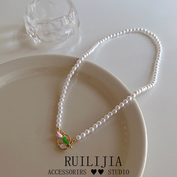 YEEZII Kalung Choker Rantai Klavikula Bahan Logam Hias Mutiara Bentuk Tulip Untuk Wanita