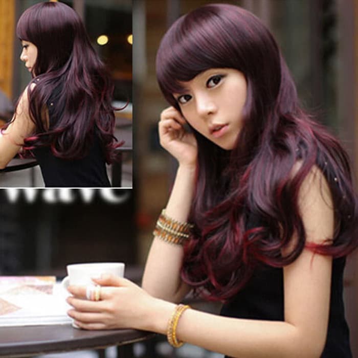 Wig elegan panjang red burgundy cosplay idol wanita karir