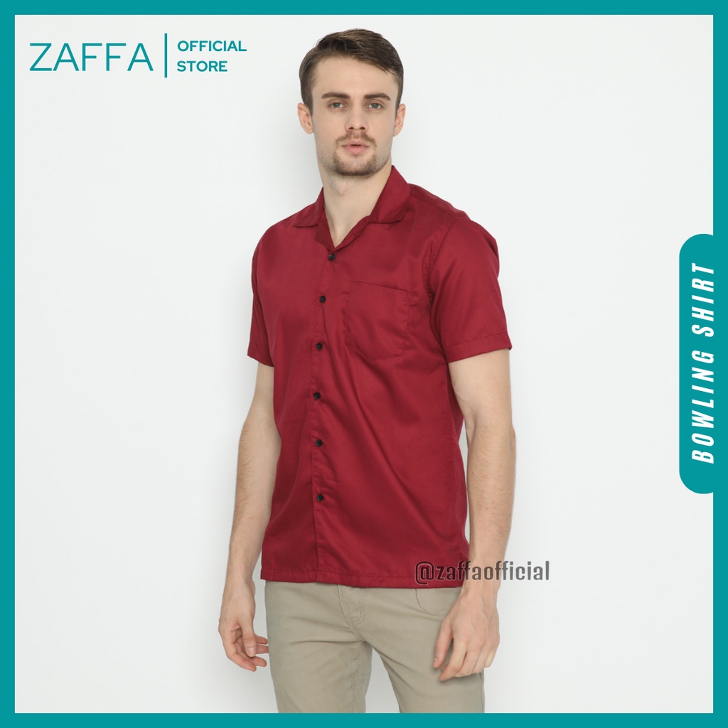 Zaffa Kemeja Polos Pria Lengan Pendek Basic Kerah Pantai Katun Toyobo Hitam Navy Mustard Maroon Bowling Shirt Casual Cowok Maroon Z-1020