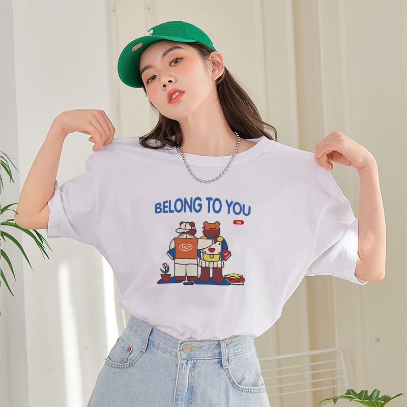 #Sisjuly# Putih dengan Pola Cetak Kapas Lengan Pendek TrenTT-shirt Wanita Pakaian2022Musim Panas Baru Gaya Kor