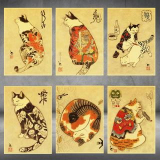 Poster Lukisan Dinding Desain  Tato  Kucing Samurai  Jepang  