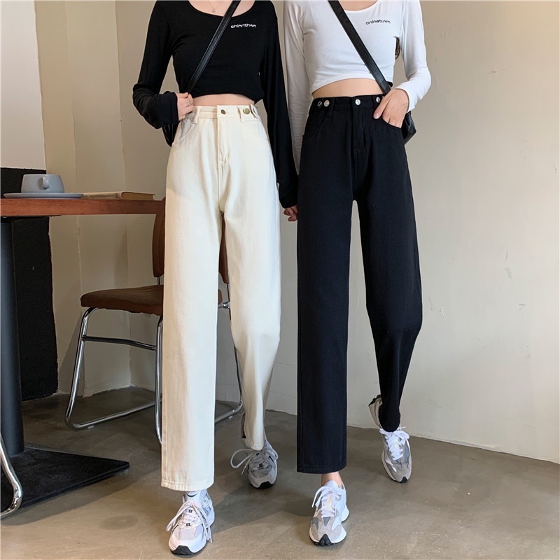 High Waist Celana Jeans Panjang wanita denim straight pants Korean style