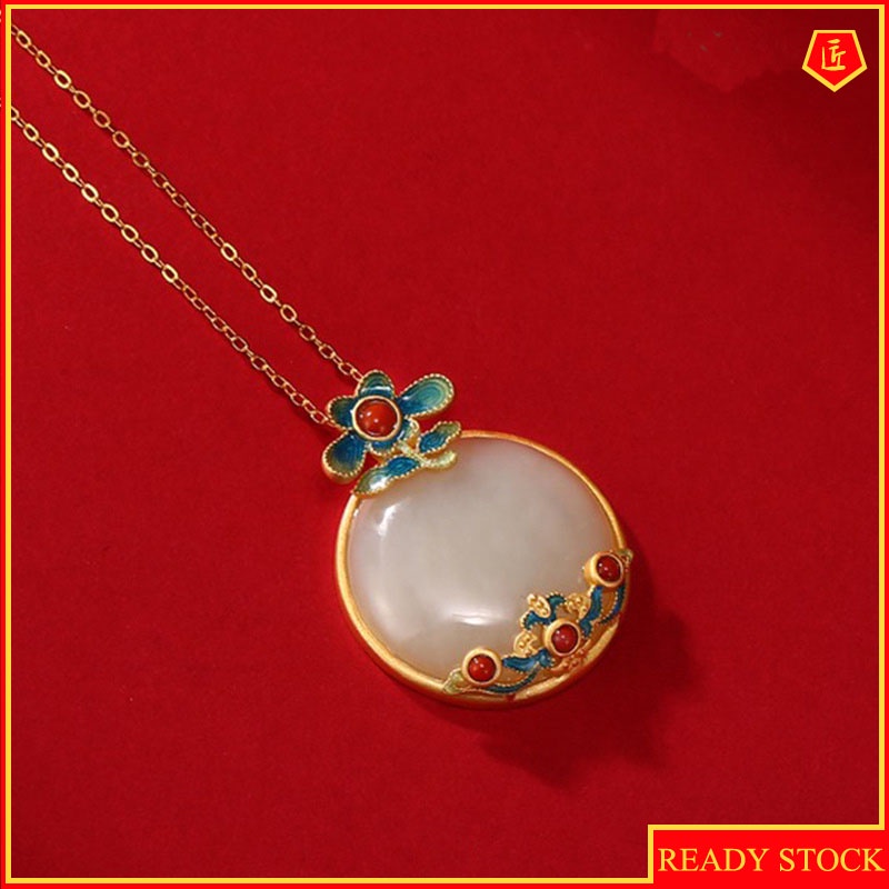 [Ready Stock]Hetian Jade Necklace Female Ethnic Style Enamel Elegant Graceful