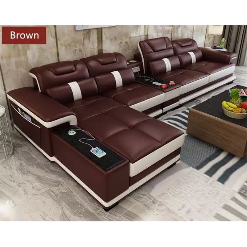 Sofa Kulit Sintetis Sofa Tamu Letter L Sofa Tamu Elegant Mewah Sofa Kulit Coklat