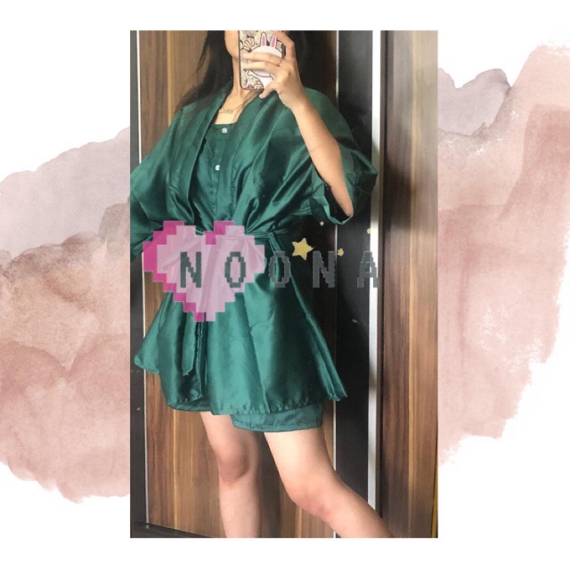 Kimono 3 in 1 set piyama satin baju tidur cewek