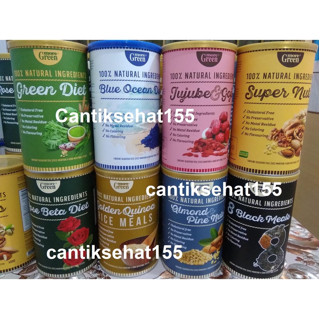 

More Green 100% Natural ingredients Green Diet-Rose-Ocean- Black Meals-Rice Meals-Jujube&goji-pine nuts serbuk minuman lengkapi nutrisi