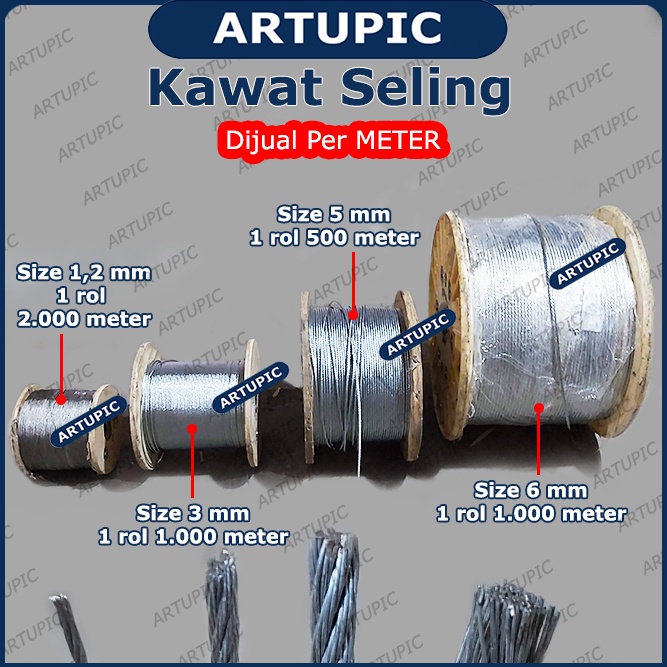 Kawat Seling 3 mm Galvanise Benang | Kawat Selling Sling Baja Galvanise Wire Rope 3mm Cocok untuk Pulley Katrol Hand Winch Artupic