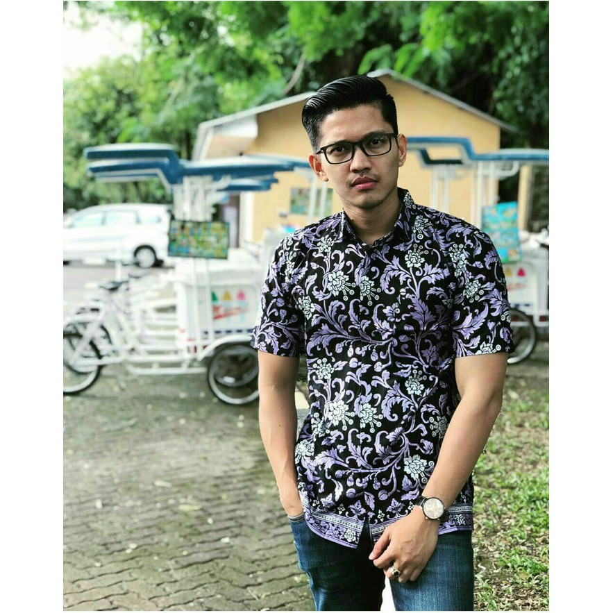 Baju Batik Pria/Kemeja Batik/Hem Batik Motif bunga Pekalongan - Hitam- XL