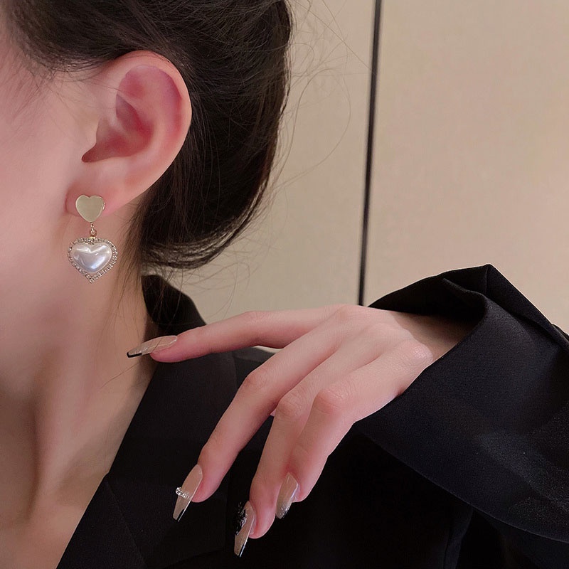 Anting Tusuk Sterling Silver 925 Bentuk Hati Hias Mutiara + Berlian Imitasi Mewah Untuk Wanita