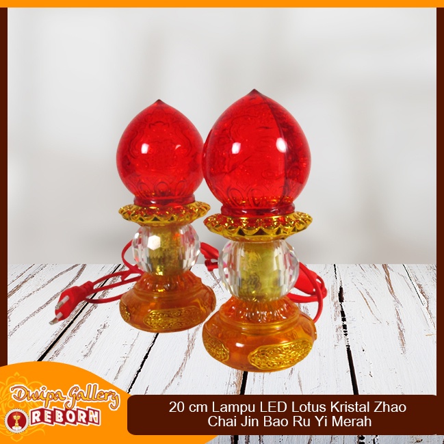 Lampu Sembahyang Altar Merah LED Lotus Kristal Zhao Chai Jin Bao RuYi