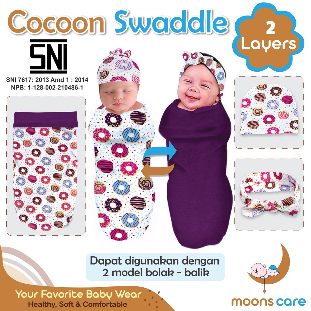 SNI Dita Moonscare Bedong cocoon 2 LAPIS instan bolak balik dita bedong motif bedong polos cocoon swaddle