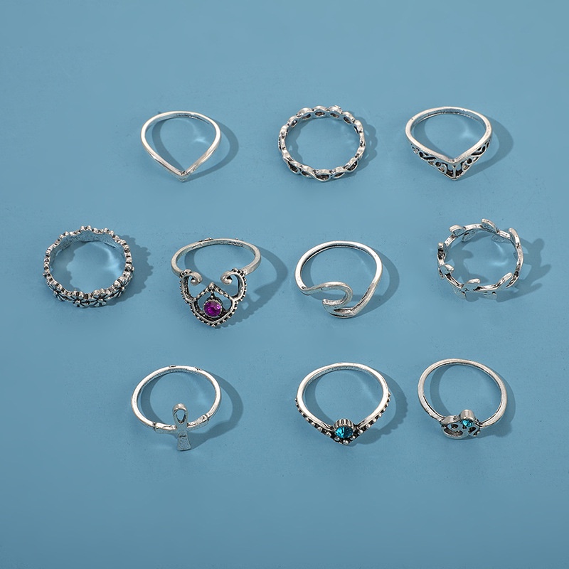 [ACKER] 10Pcs V Bentuk Ukir Cincin Jari Jari Berongga Set Untuk Wanita