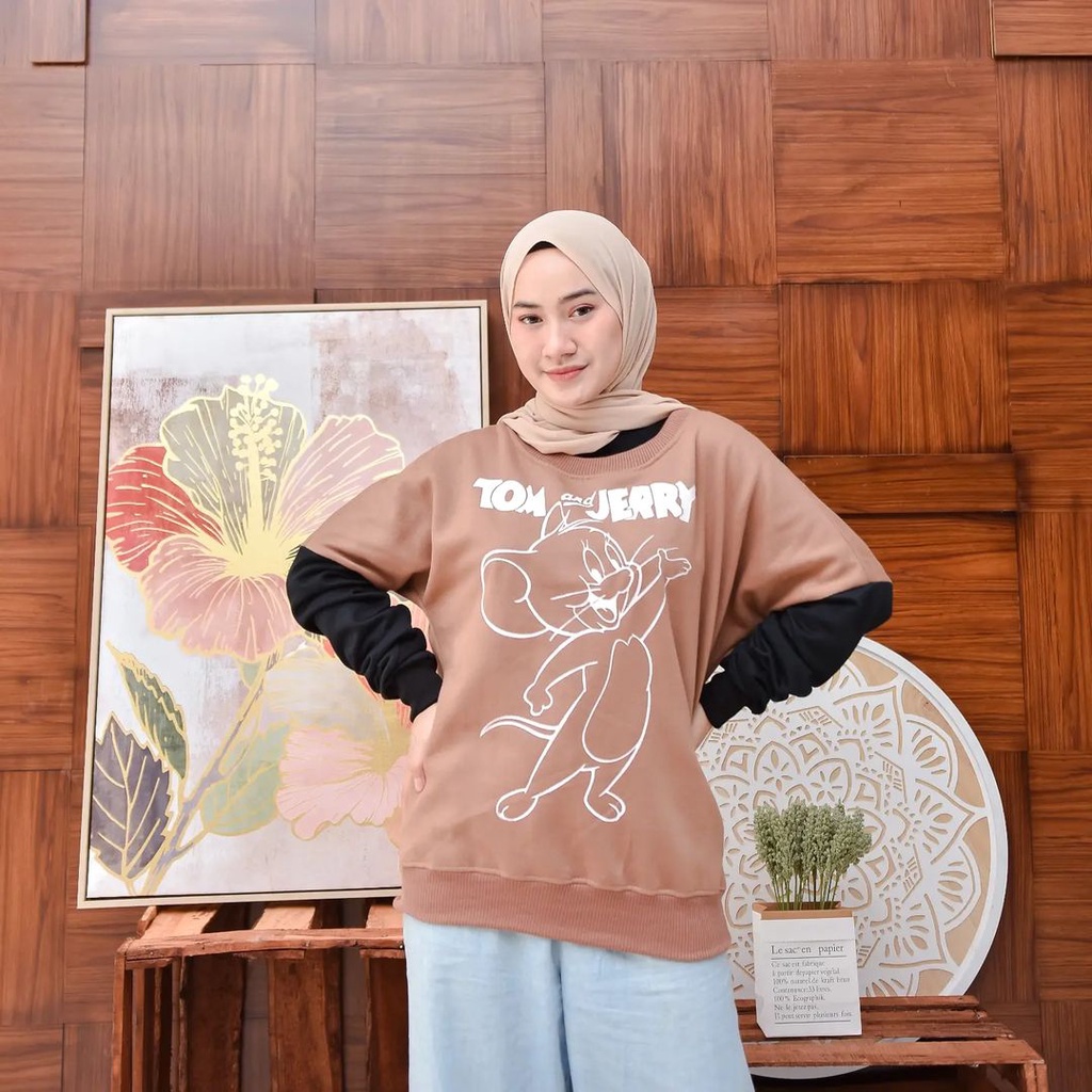 Tom &amp; Jerry Sweatshirt Atasan Unisex Mix Warna Hitam Mocha Terbaru