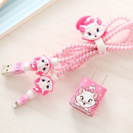 Set 4 In 1 Pelindung Kabel Charger Usb + Stiker Spiral Motif Kartun Untuk Huawei / Oppo / Vivo / Samsung