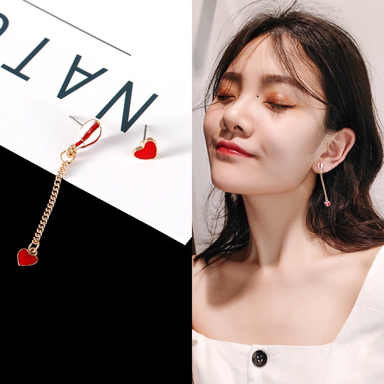 Sterling silver jarum Korea balon udara panas Asimetris cinta Mutiara Merah cinta drip mengkilap luc