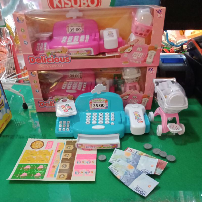 Mainan Anak Cash Register Mesin Kasir kasiran Supermarket Baterai Uang Mainan Delicious Supermarket