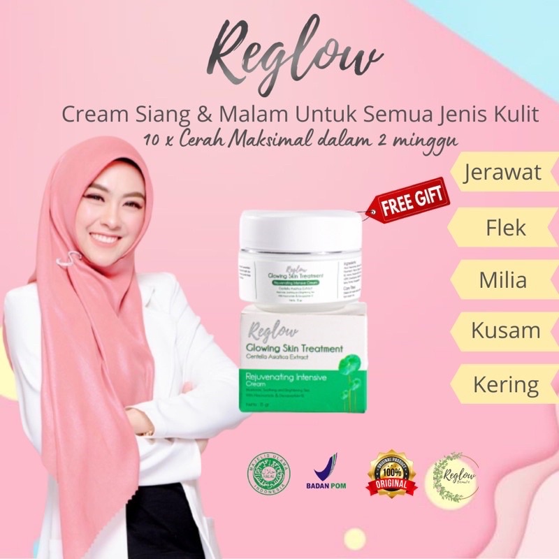 ￼Cream Reglow Siang Malam Pemutih Wajah BPOM Pelembab Anti Aging Glowing Skincare Penghilang Bekas J