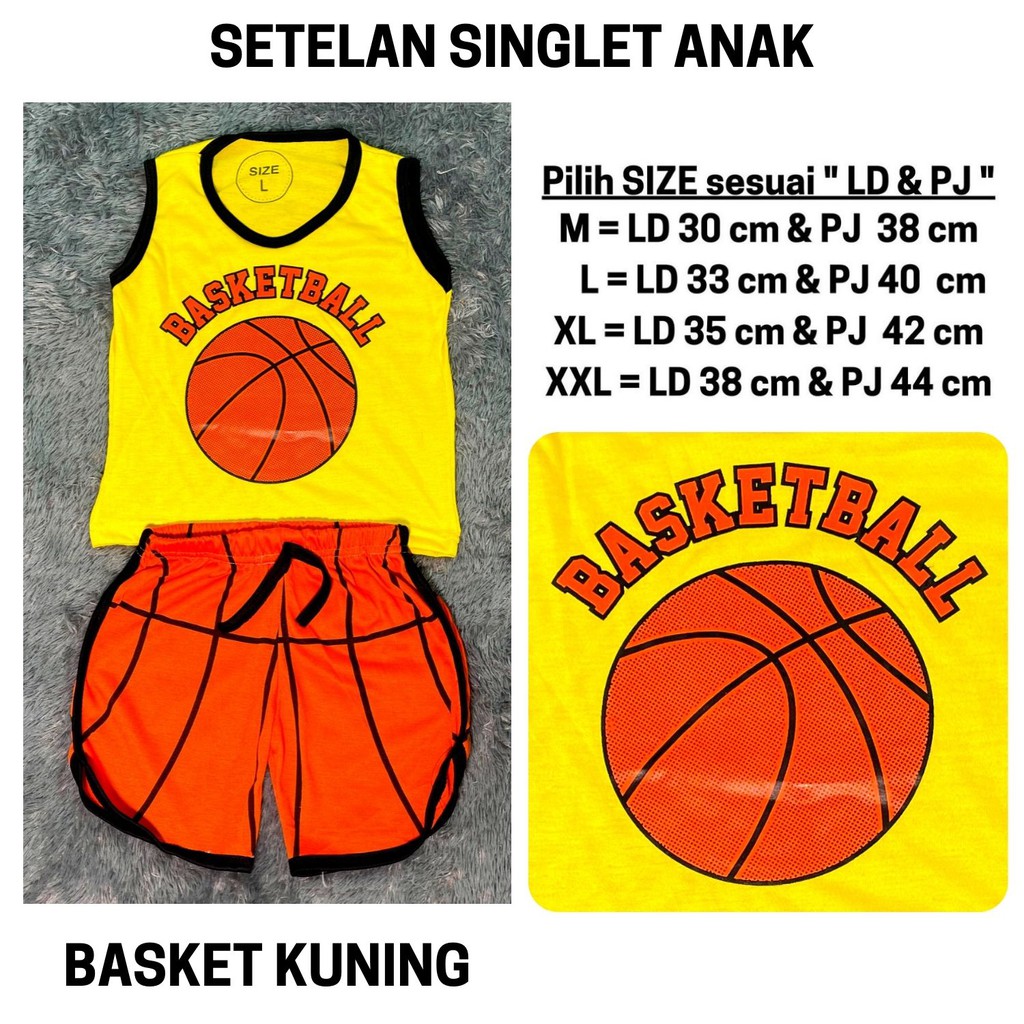 Setelan Anak Laki Laki Baju Kutung Stelan Lekbong Cowok Bola Basket Kaos Singlet Cowo Murah Harian Celana Pendek 3 4 5 6 Tahun Kode 101-101 BASKET KUNING