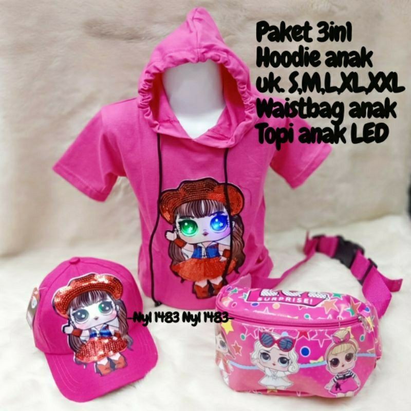 PROMO - PAKET 3 IN 1 KAOS HOODIE ANAK WAISTBAG DAN TOPI MOTIF LOL SEDANG DISKON REALPICK