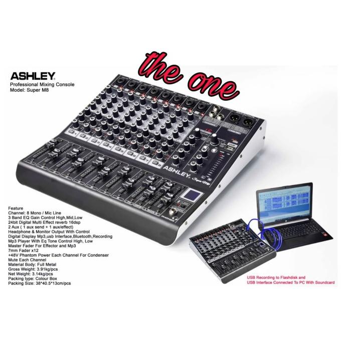 MIXER ASHLEY 8 CHANNEL SUPER M8, BLUETOOTH,USB,MP3, RECORDING TO PC