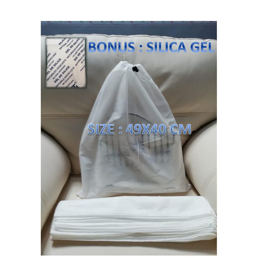 SARUNG TAS COVER TAS DUST BAG BONUS SILICA GEL DAN STOPER isi 12 pcs