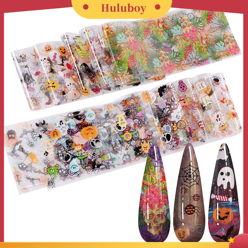 Huluboy Huluboy♡ 10 Lembar Stiker Kuku Foil Transfer Motif Halloween Untuk Dekorasi Manicure