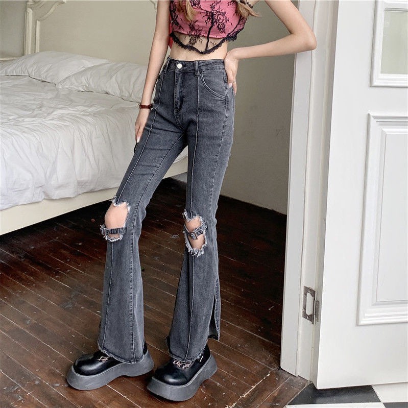 Celana Jeans Robek Wanita Hollow-Out Adjustable Gesper Retro Tinggi Pinggang Slim-Fit Lurus Celana C