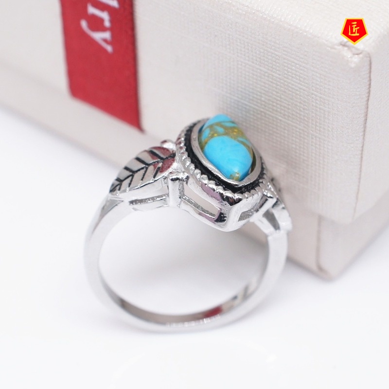 [Ready Stock]Retro Turquoise Leaf Shaped Ring Distinguished Personality