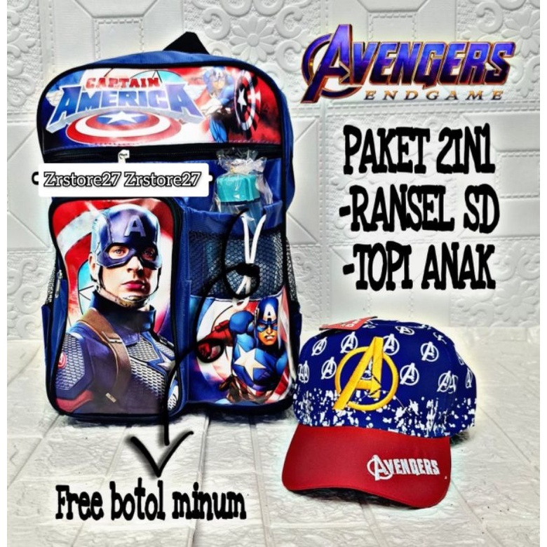Tas Ransel dan topi Anak Sd Capten Amerika