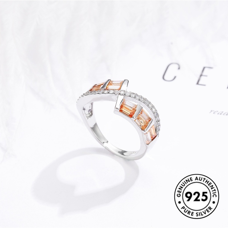 Cincin S925 Silver Bentuk Kotak Aksen Kristal Berlian Warna Pink