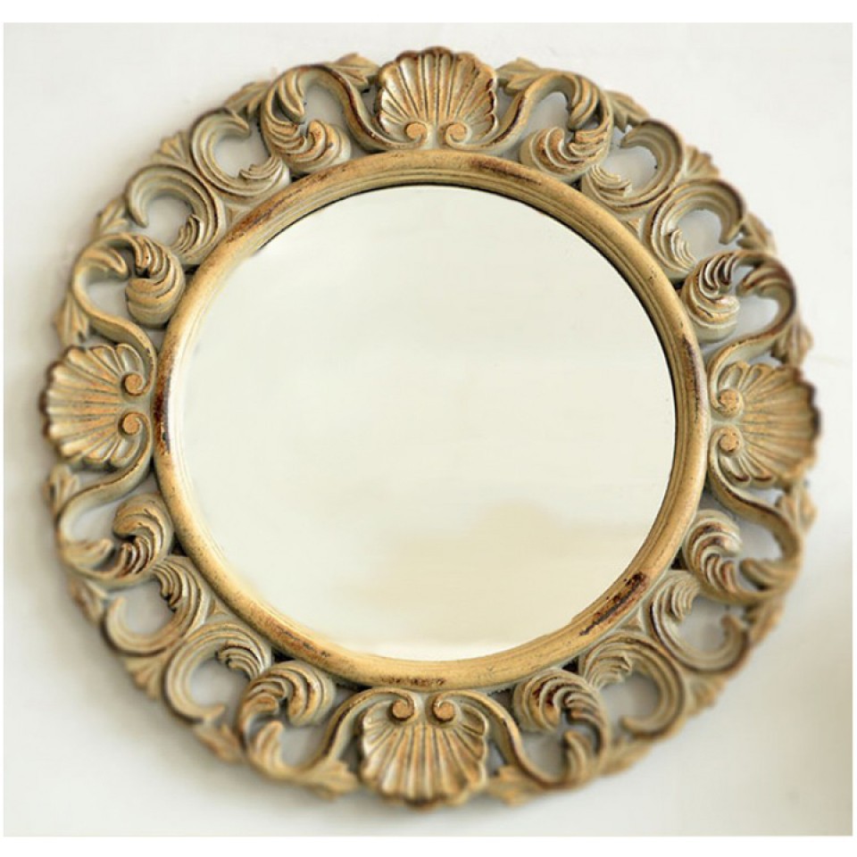 Cermin Dinding Cermin Bulat Carved Rustic Mirror - Round