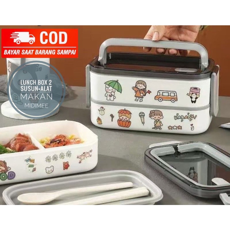 kotak makan lunch box tempat bekal 2 susun 1600ml anti bocor lunch box anti tumpah/free Alat Makan