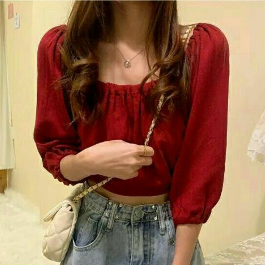 9562 Baju atasan crop top lengan 3/4 rajut knit wanita import baju atasan crop pendek cewek import