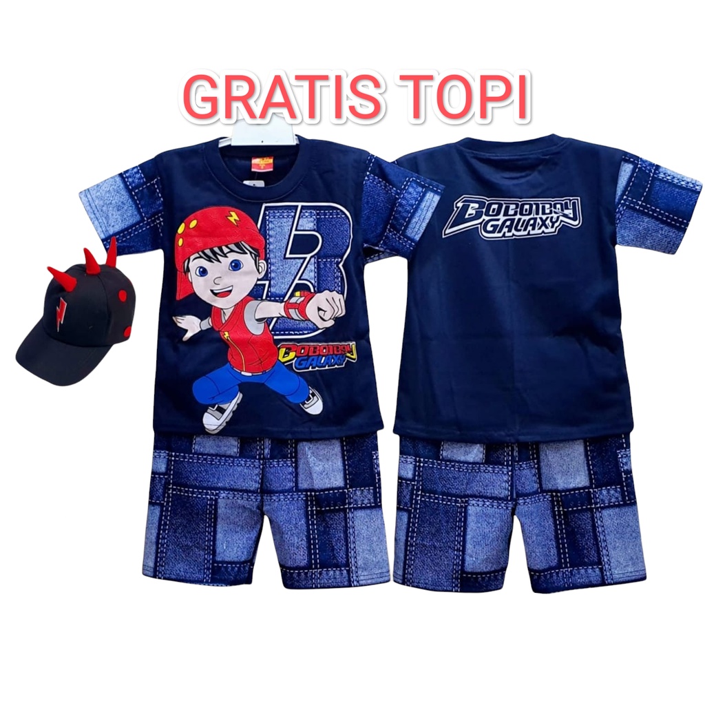 setelan baju anak boboiboy jeans halilintar gratis topi / baju anak boboiboy