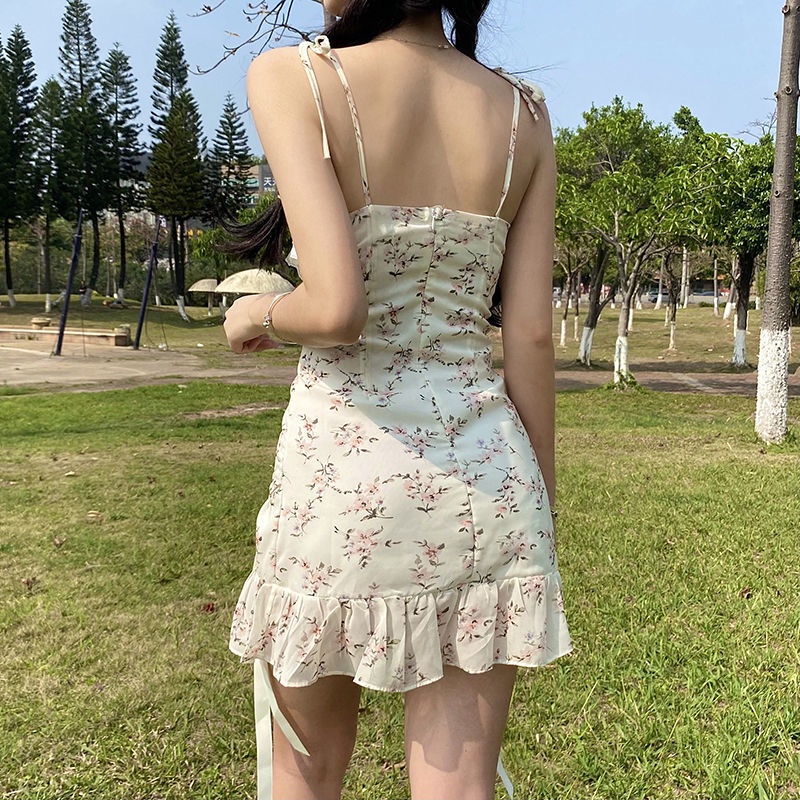 dress korean style [48 hours delivery] French pastoral style floral suspender skirt strappy high wai