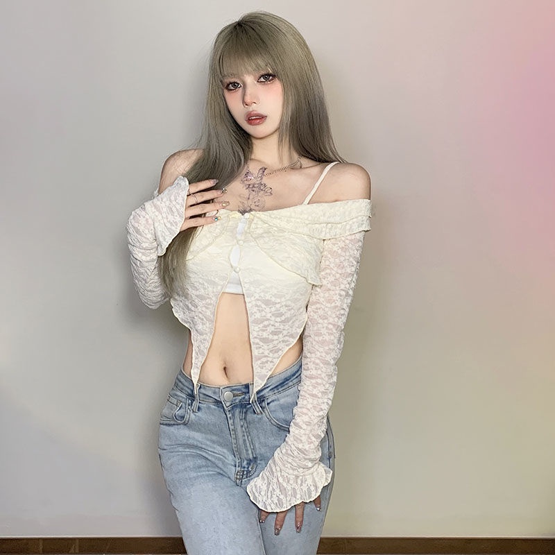 Prove kekinian atasan crop top French pure desire girl niche thin suspender T-shirt female ins net red chic hollow top summer baju import kaos wanita korean style