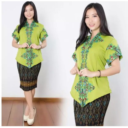 SB Collection Stelan Atasan Kebaya Hertia Blouse Bordir Dan Rok Plisket Midi Jumbo Batik Wanita