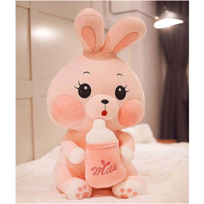 Boneka Kelinci Rabbit Pink Milk Bottle Pegang Dot Susu Bahan Plush Import Terbaru Imut Lucu