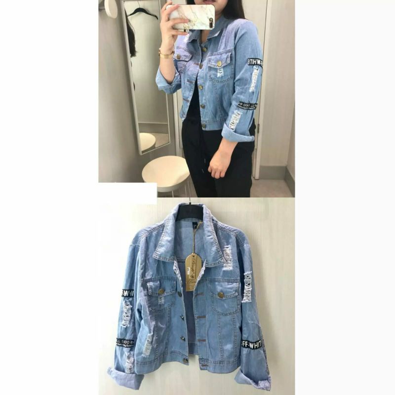 JAKET CROP JEANS OFF WHITE DISTRO/JAKET JEANS CROP WANITA/JAKET CROP OFF WHITE/JAKET CROP/JAKET CROP