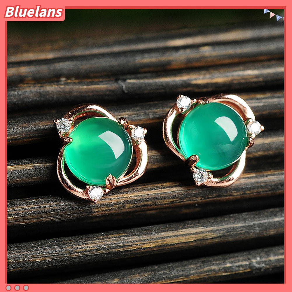 Anting Stud Desain Bunga Giok Tiruan Lapis Perak Untuk Wanita