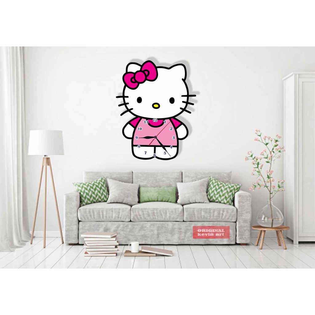 JAM DINDING KAYU HELLO KITTY UNIK ARTISTIK TERBARU MURAH