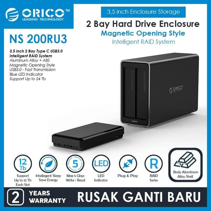 Hdd hard disk drive enclosure orico 2 bay 3.5&quot; usb 3.0 5Gbps 20TB aluminum RAID ns200ru3 ns200-ru3 - Casing harddisk external 3.5 inch usb3.0