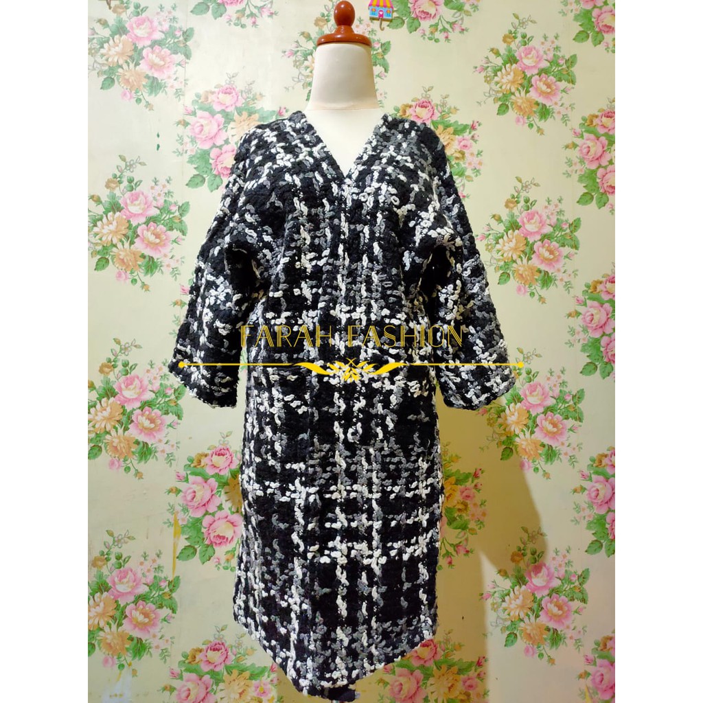LONG OUTER CARDI RAJUT TEBAL MOTIF GARIS HITAM PUTIH IMPORT PREMIUM BRANDED JUMBO BIGSIZE OVERSIZE