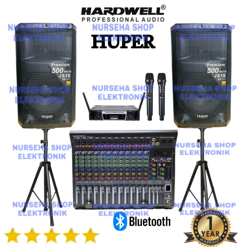 Paket speaker aktif Huper 15 inch JS10 mixer hardwell 12 channel mark12 original paket Sound System outdoor